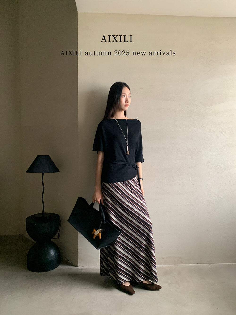AIXILI Striped Drape High-Waist Maxi Skirt