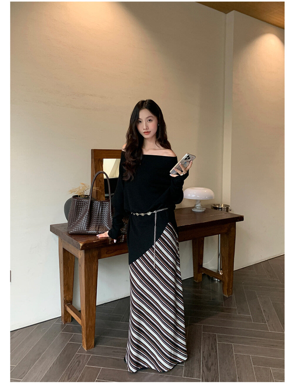 AIXILI Striped Drape High-Waist Maxi Skirt