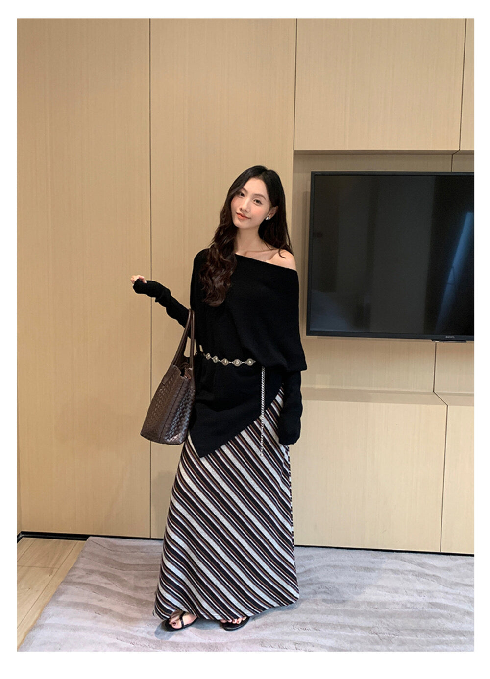 AIXILI Striped Drape High-Waist Maxi Skirt