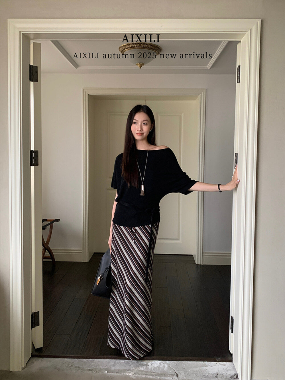 AIXILI Striped Drape High-Waist Maxi Skirt