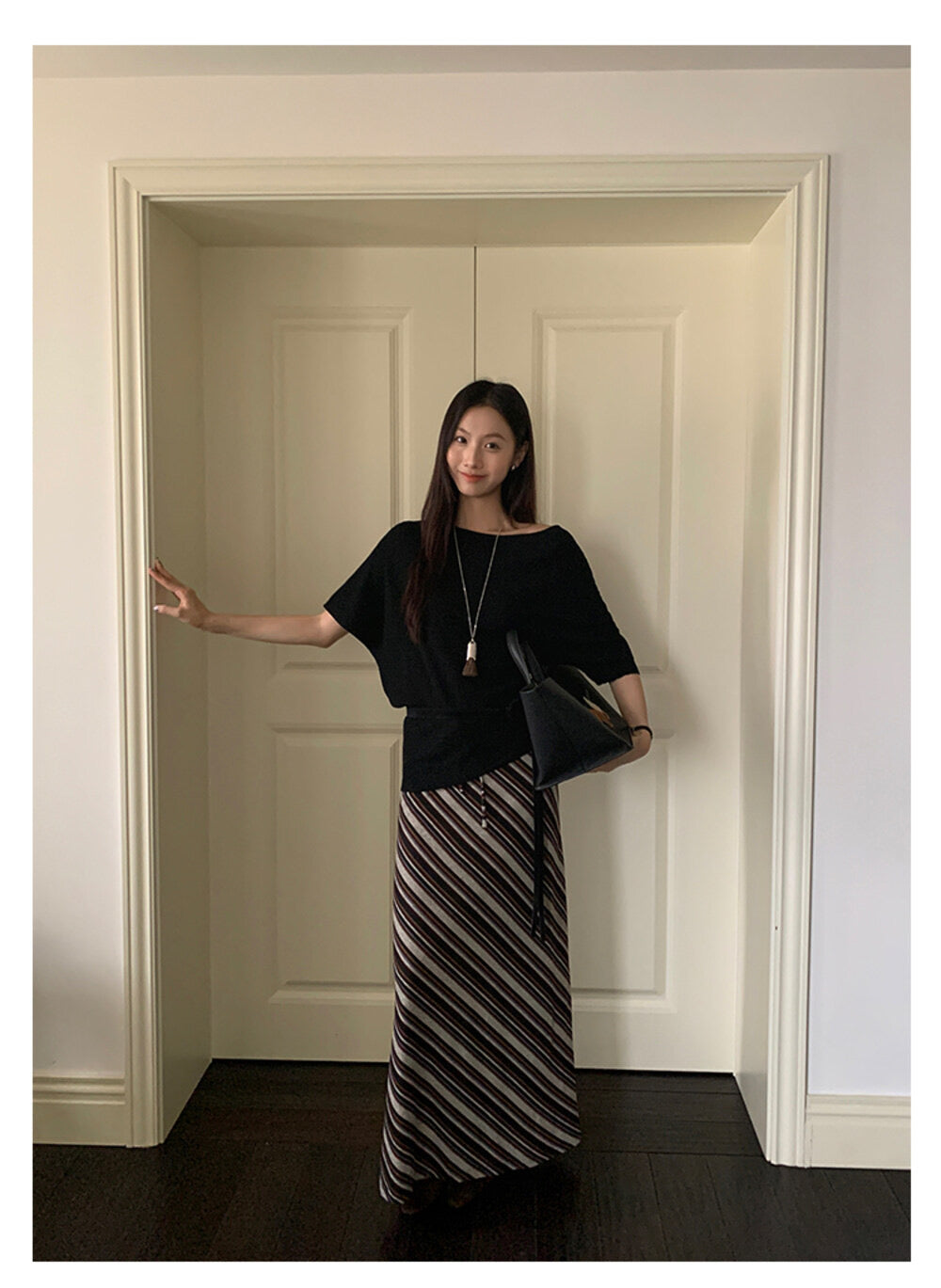 AIXILI Striped Drape High-Waist Maxi Skirt