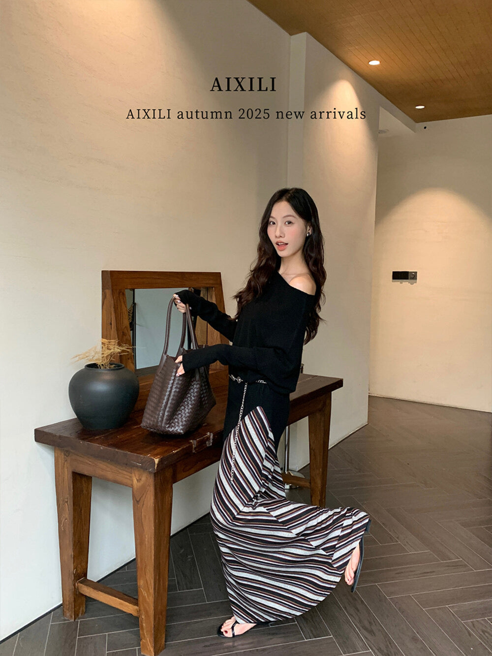 AIXILI Striped Drape High-Waist Maxi Skirt
