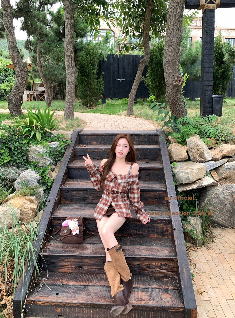 AS OFFICIAL Off-Shoulder Plaid Brushed Shirt Top