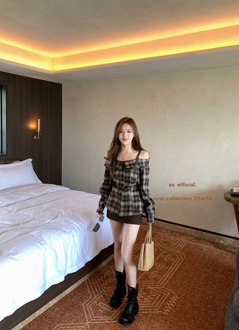 AS OFFICIAL Off-Shoulder Plaid Brushed Shirt Top