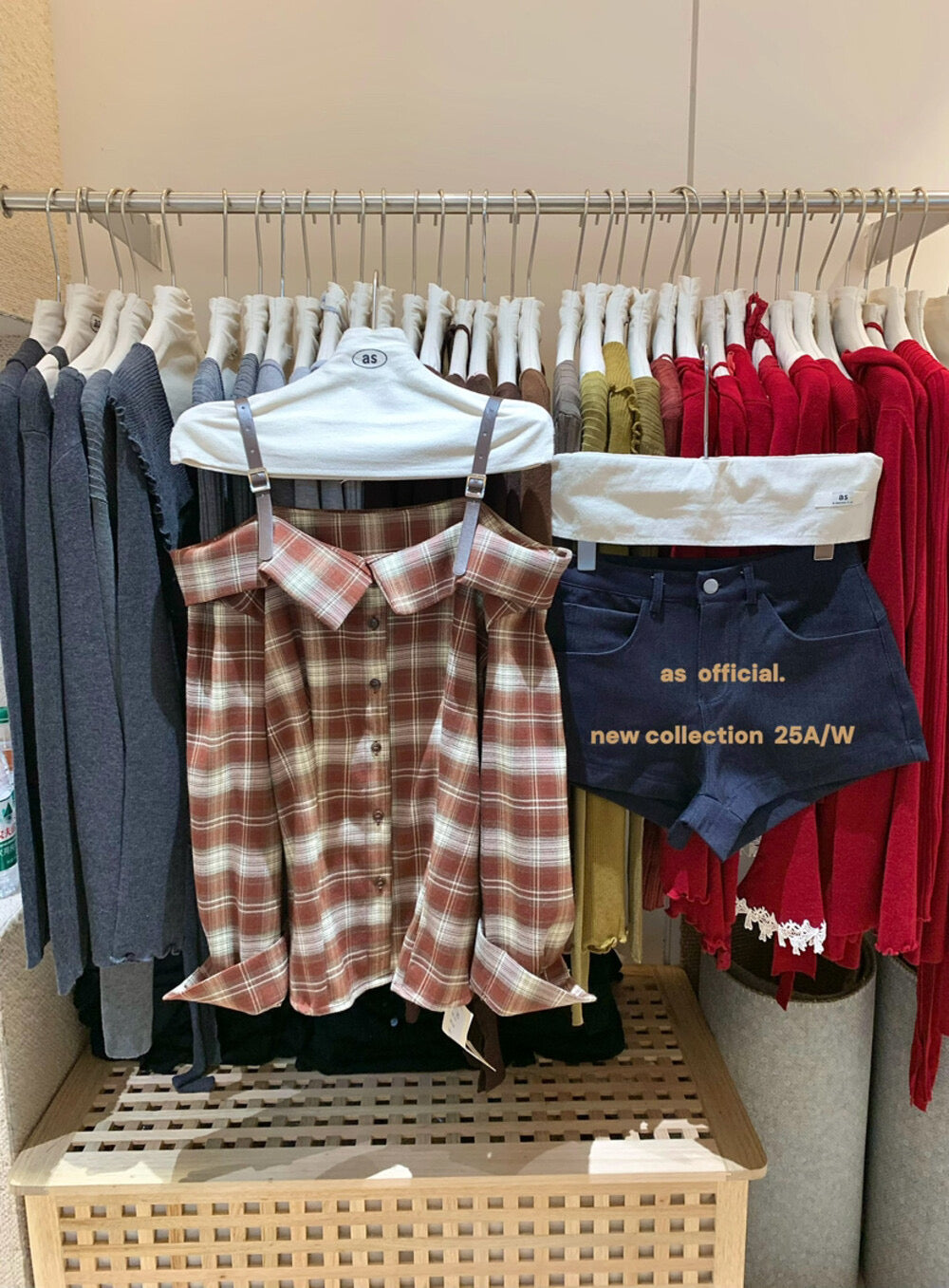 AS OFFICIAL Off-Shoulder Plaid Brushed Shirt Top