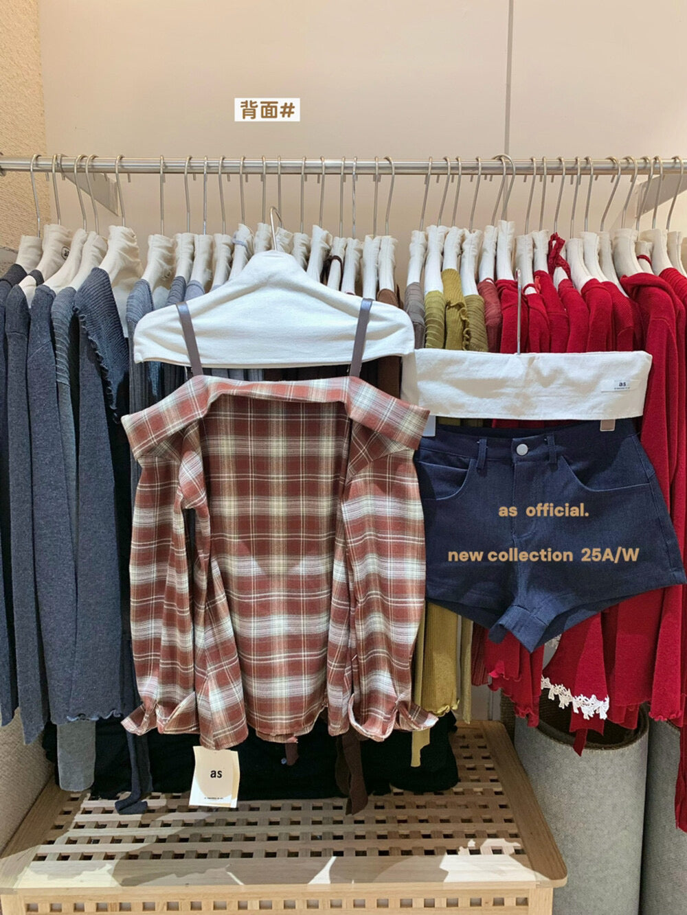 AS OFFICIAL Off-Shoulder Plaid Brushed Shirt Top