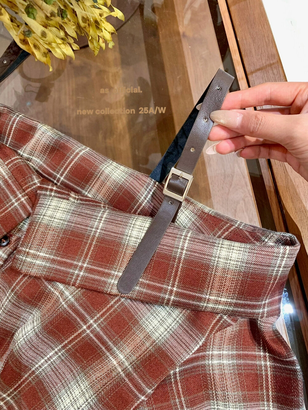 AS OFFICIAL Off-Shoulder Plaid Brushed Shirt Top