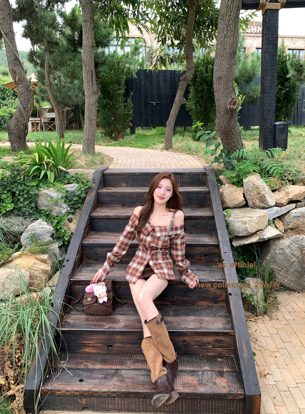 AS OFFICIAL Off-Shoulder Plaid Brushed Shirt Top