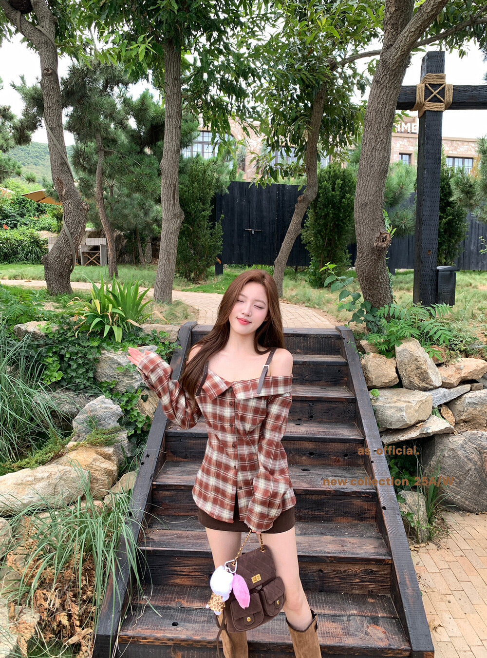 AS OFFICIAL Off-Shoulder Plaid Brushed Shirt Top