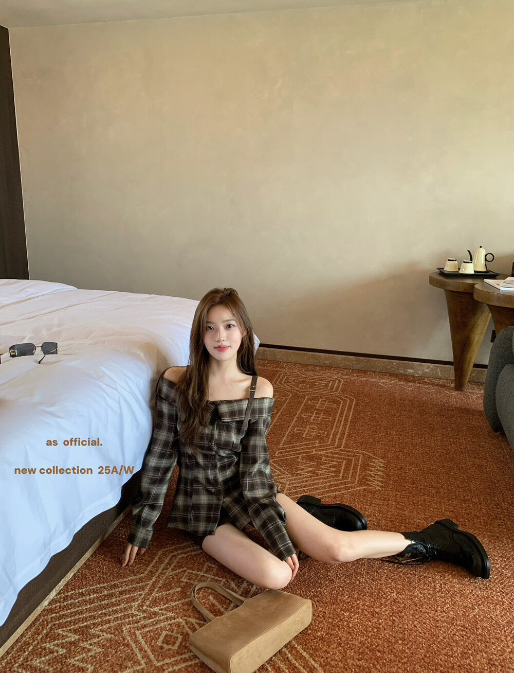 AS OFFICIAL Off-Shoulder Plaid Brushed Shirt Top