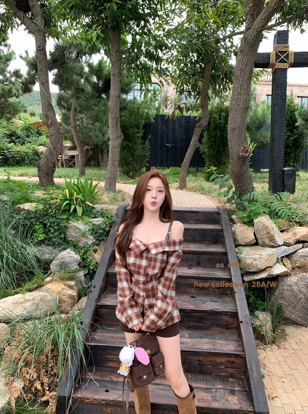 AS OFFICIAL Off-Shoulder Plaid Brushed Shirt Top