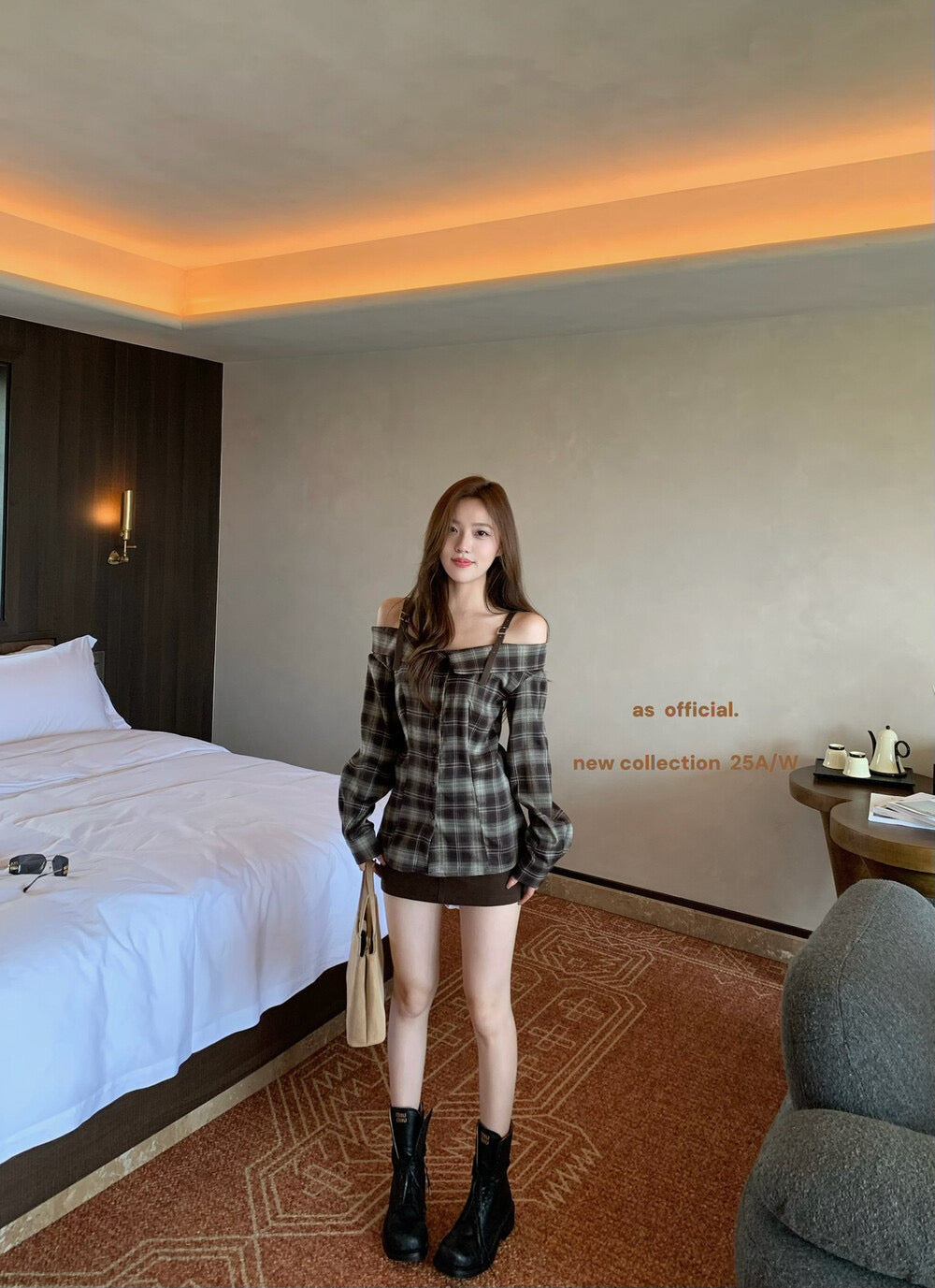 AS OFFICIAL Off-Shoulder Plaid Brushed Shirt Top