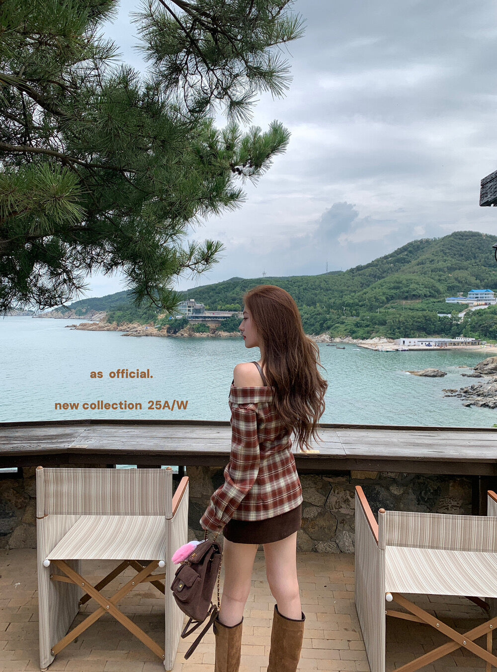 AS OFFICIAL Off-Shoulder Plaid Brushed Shirt Top