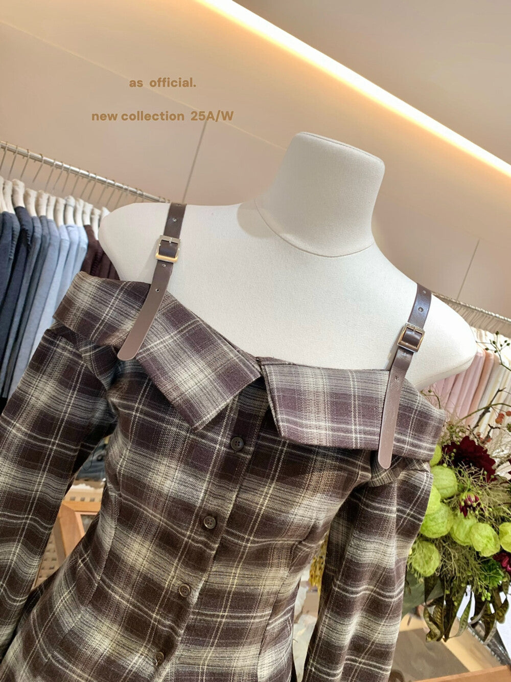 AS OFFICIAL Off-Shoulder Plaid Brushed Shirt Top