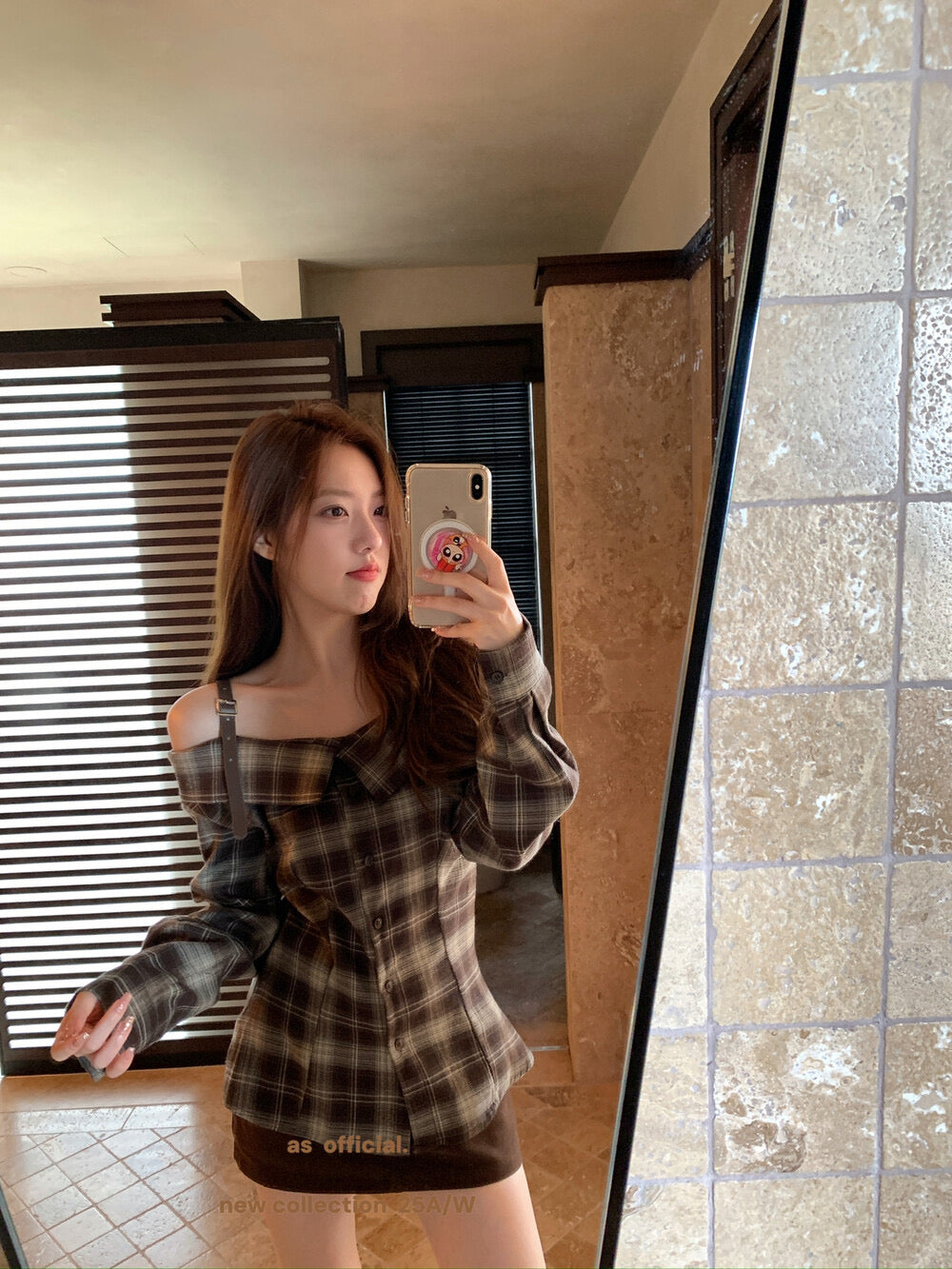 AS OFFICIAL Off-Shoulder Plaid Brushed Shirt Top