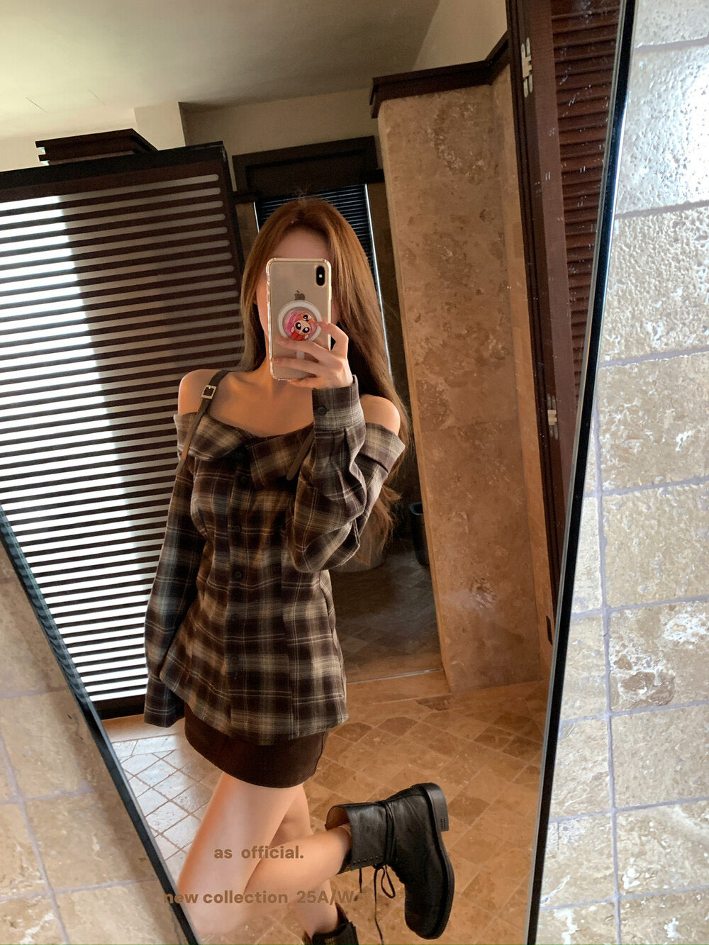 AS OFFICIAL Off-Shoulder Plaid Brushed Shirt Top
