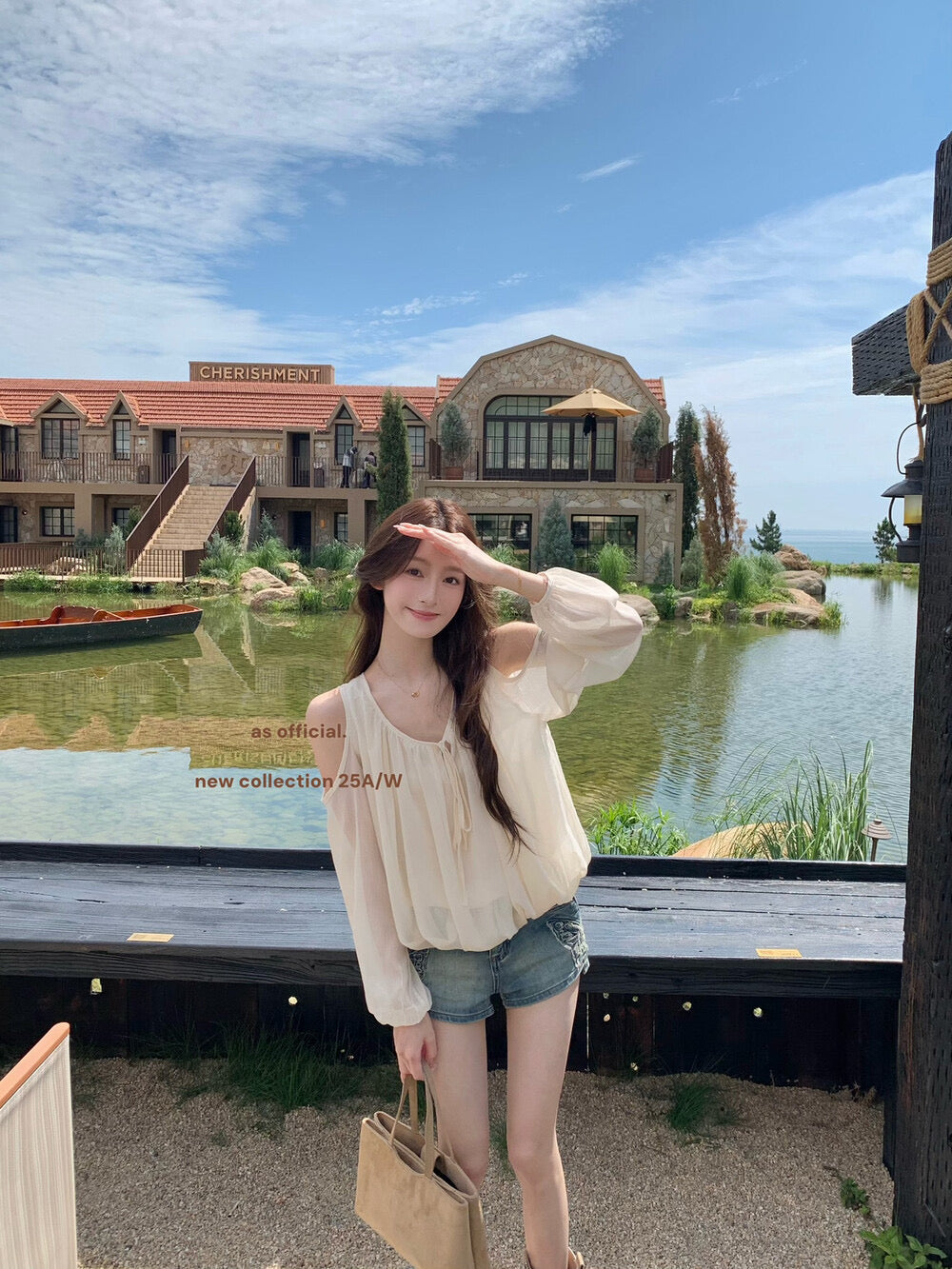 AS OFFICIAL Tie-Neck Off-Shoulder Puff Sleeve Top