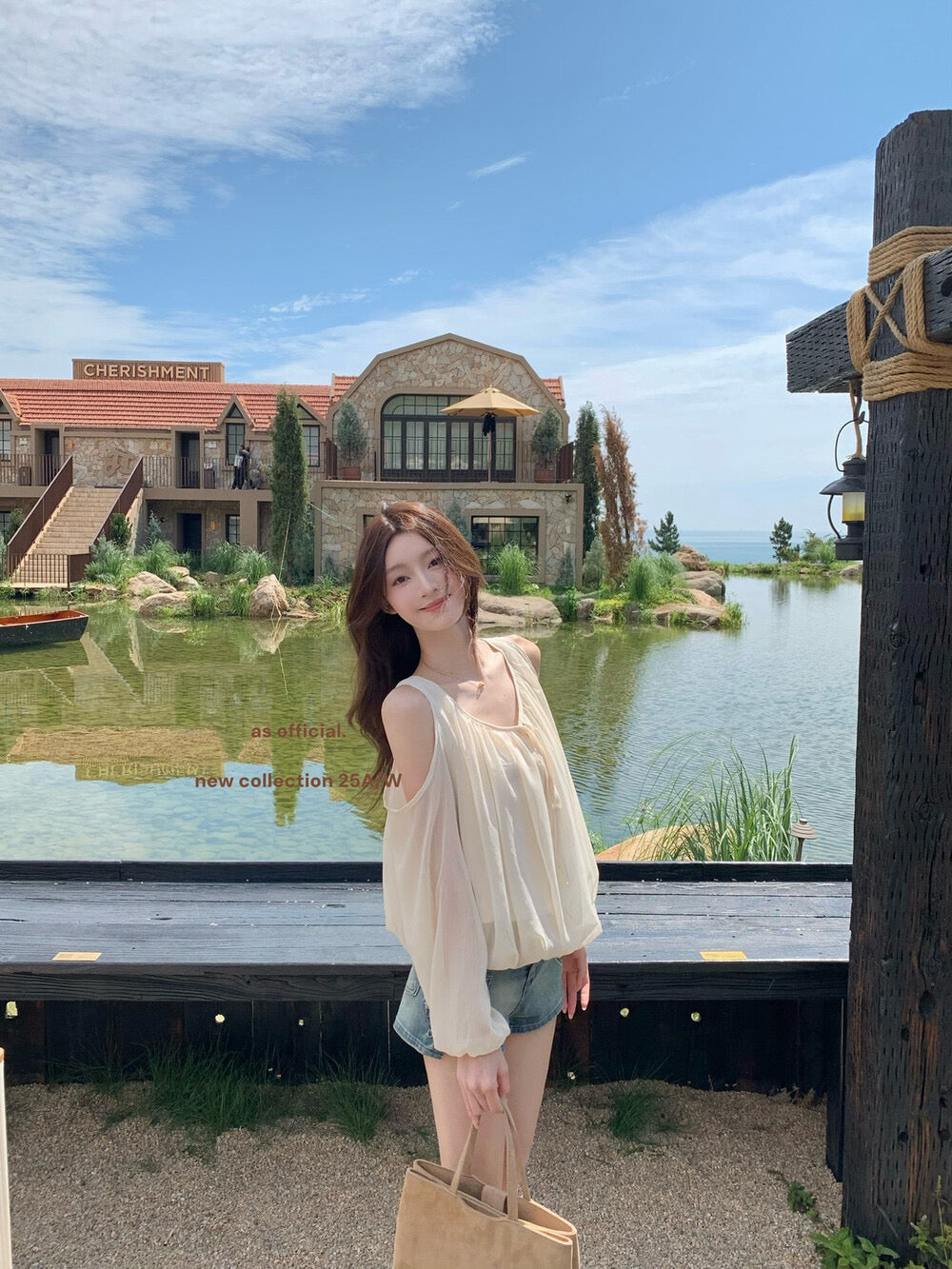 AS OFFICIAL Tie-Neck Off-Shoulder Puff Sleeve Top