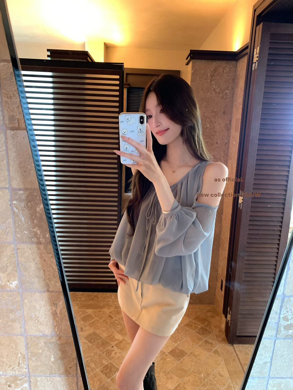 AS OFFICIAL Tie-Neck Off-Shoulder Puff Sleeve Top