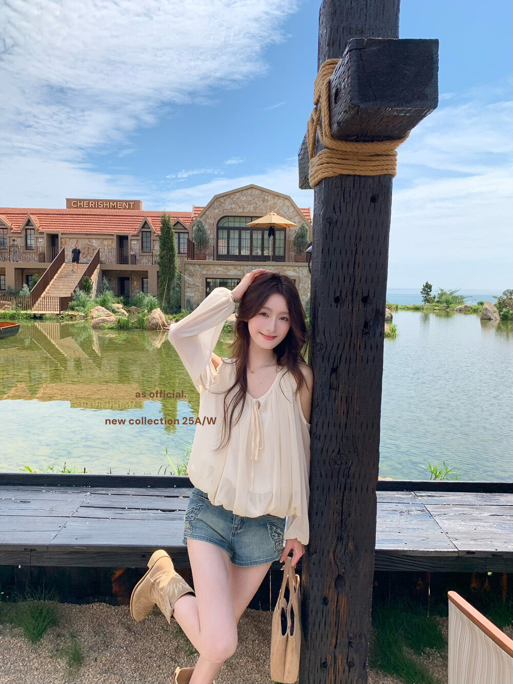 AS OFFICIAL Tie-Neck Off-Shoulder Puff Sleeve Top
