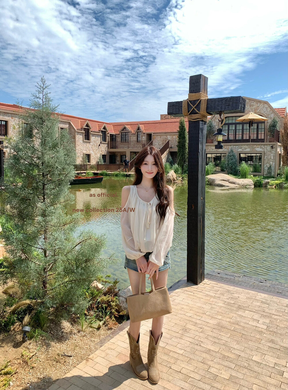 AS OFFICIAL Tie-Neck Off-Shoulder Puff Sleeve Top
