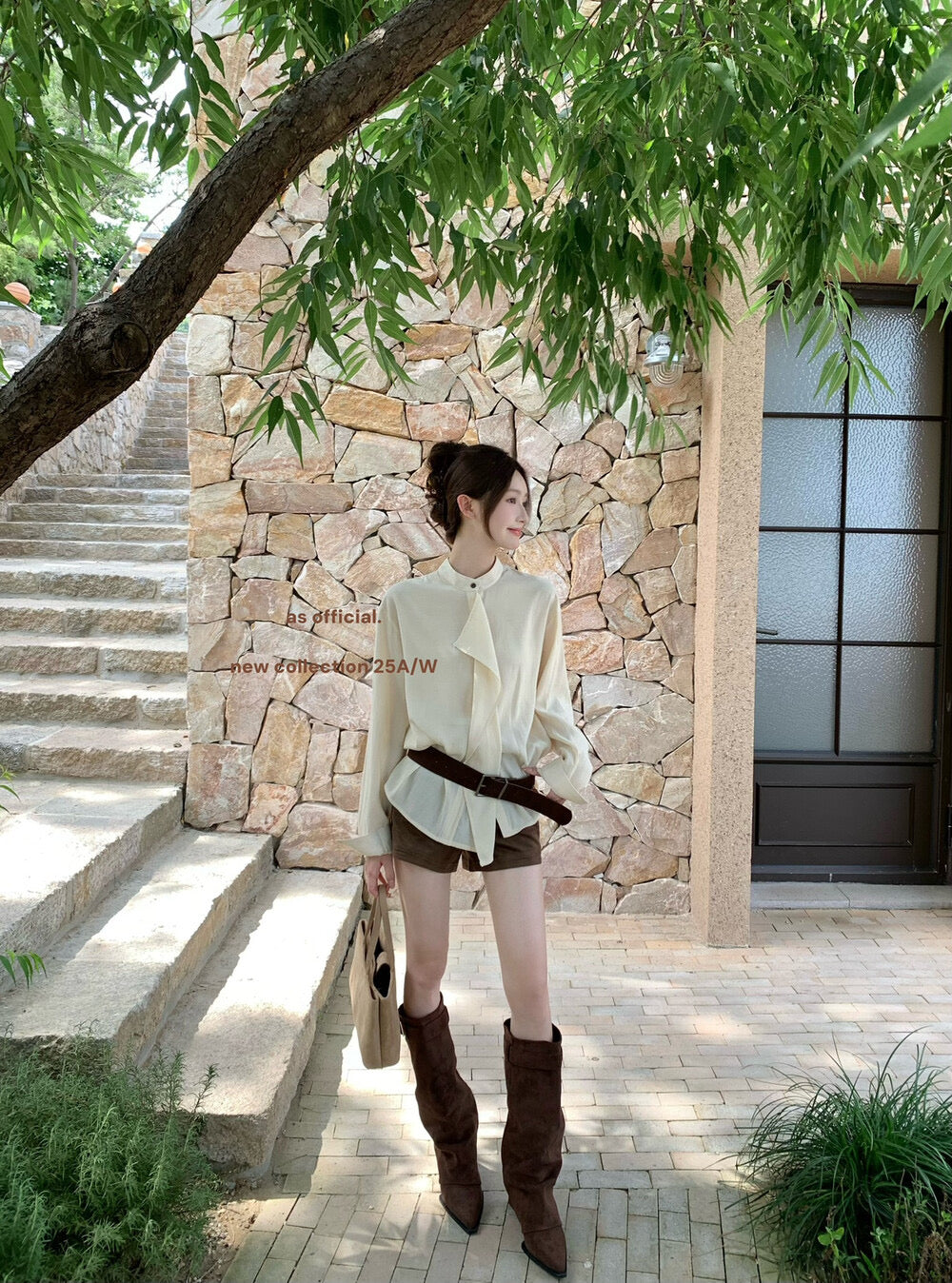 AS OFFICIAL Ruffled High-Neck Tie Blouse