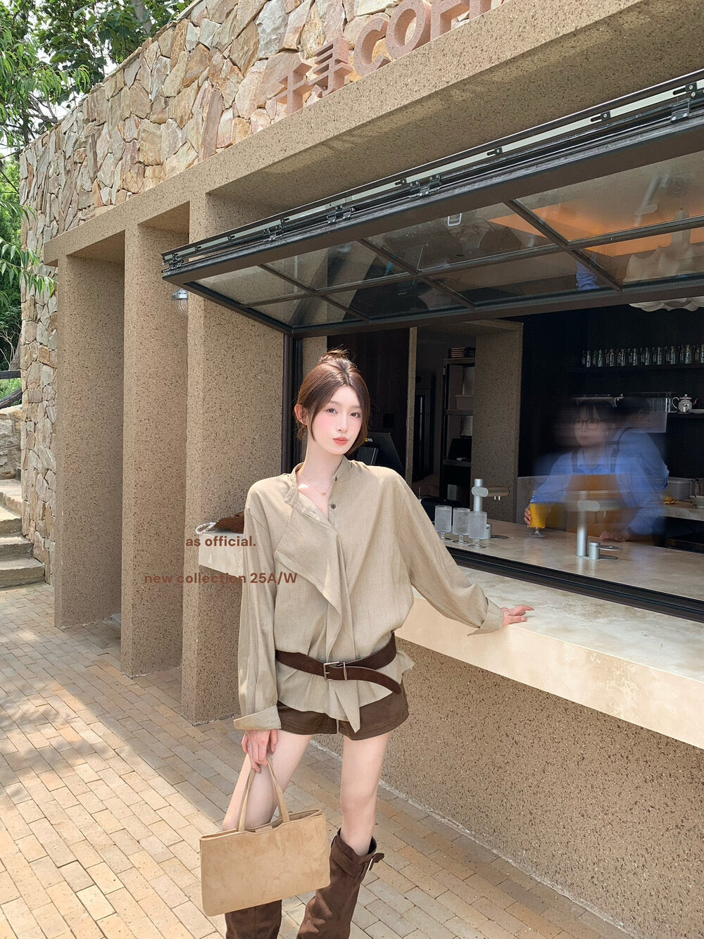 AS OFFICIAL Ruffled High-Neck Tie Blouse