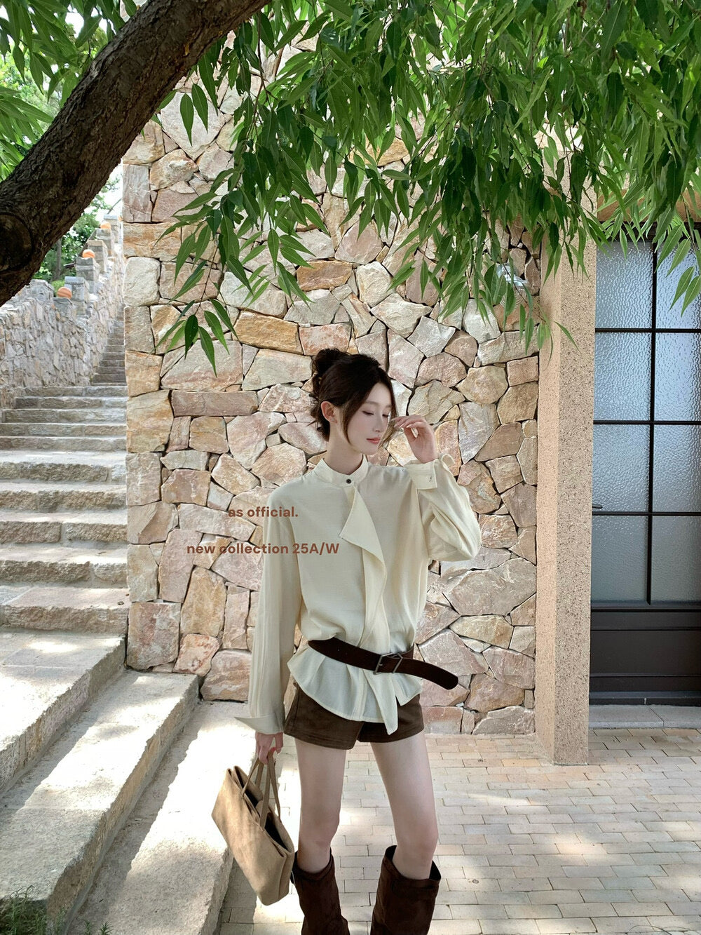 AS OFFICIAL Ruffled High-Neck Tie Blouse