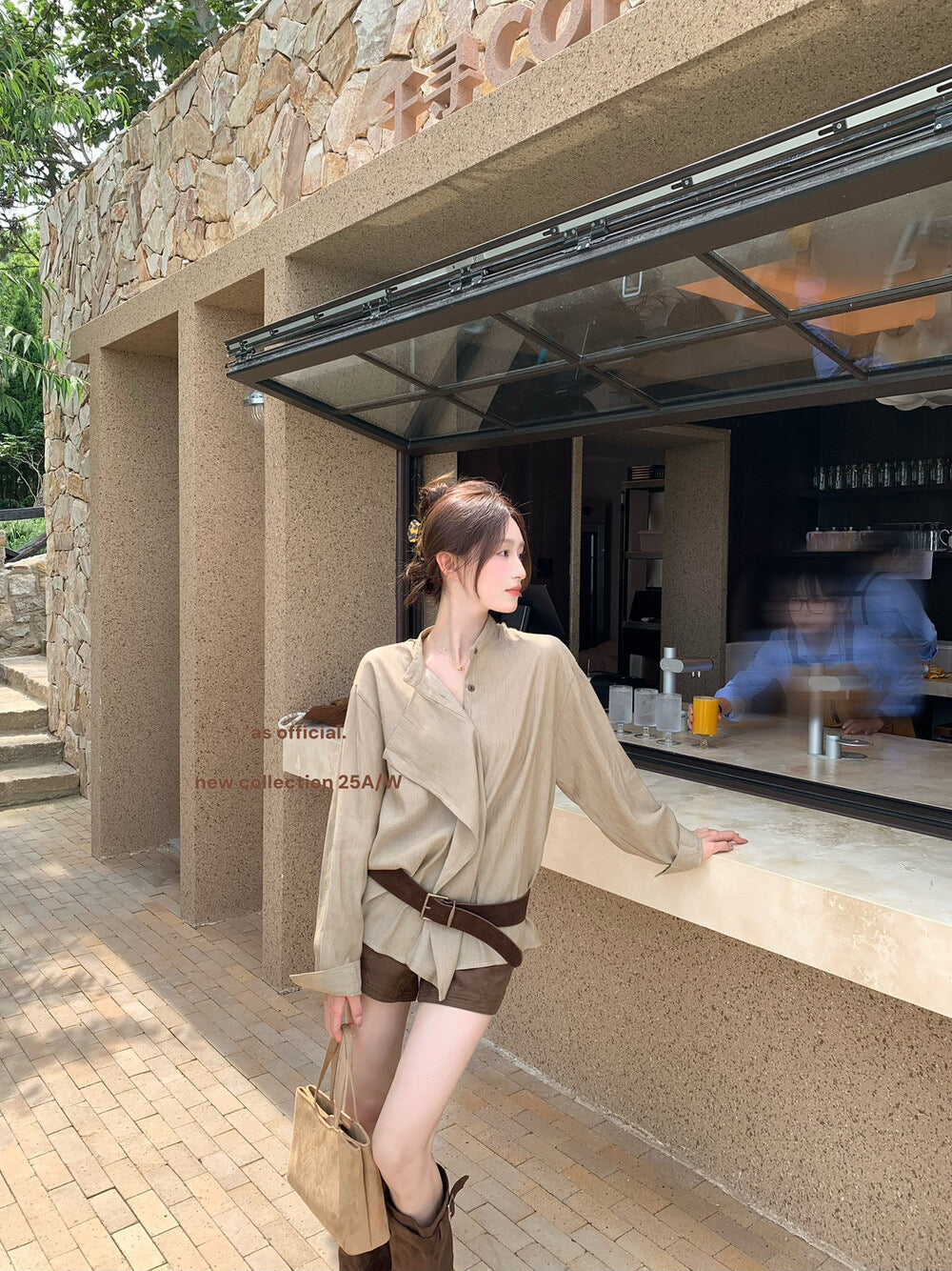AS OFFICIAL Ruffled High-Neck Tie Blouse