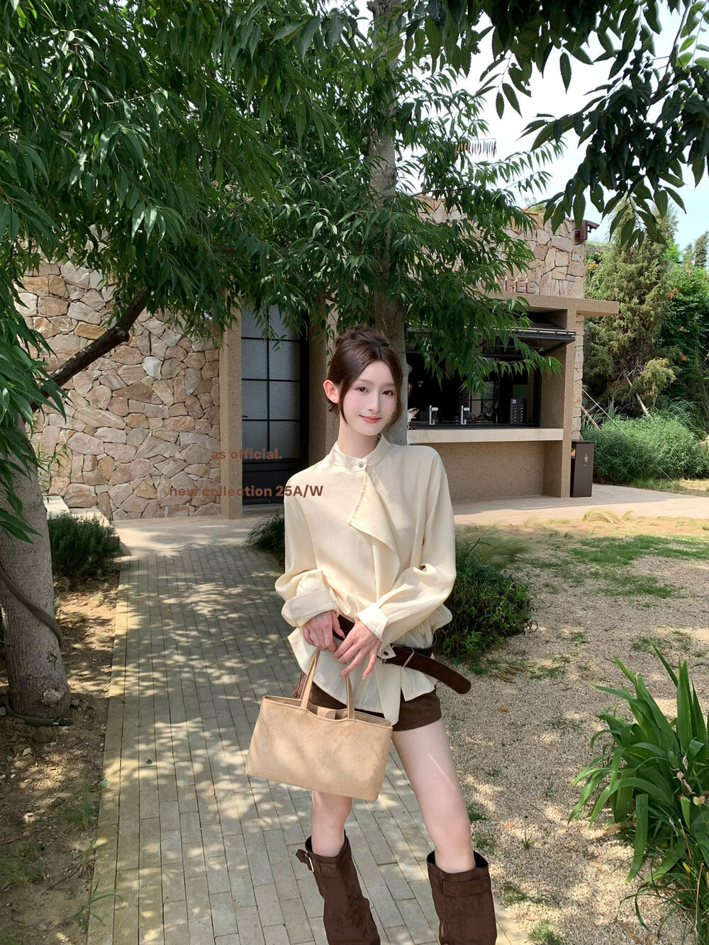 AS OFFICIAL Ruffled High-Neck Tie Blouse