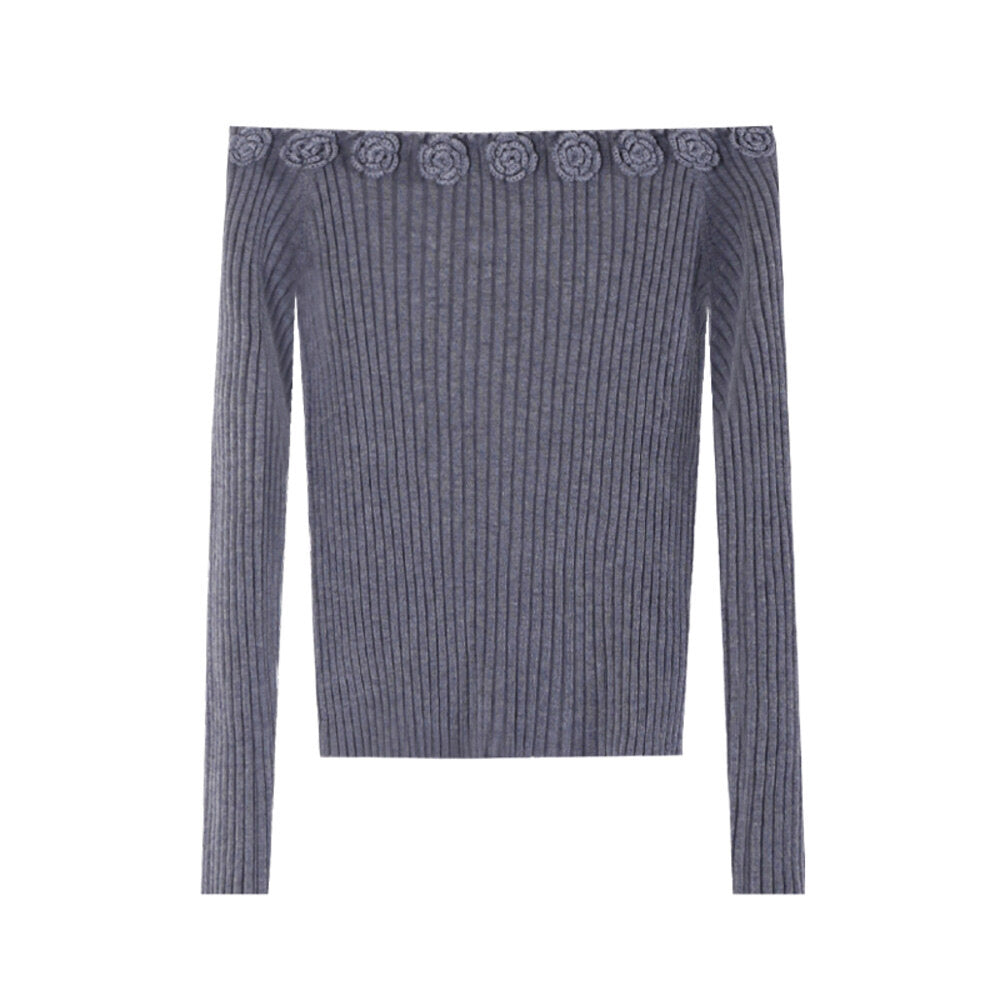 AIXILI 3D Rose Off-Shoulder Knit Top with Wool Blend