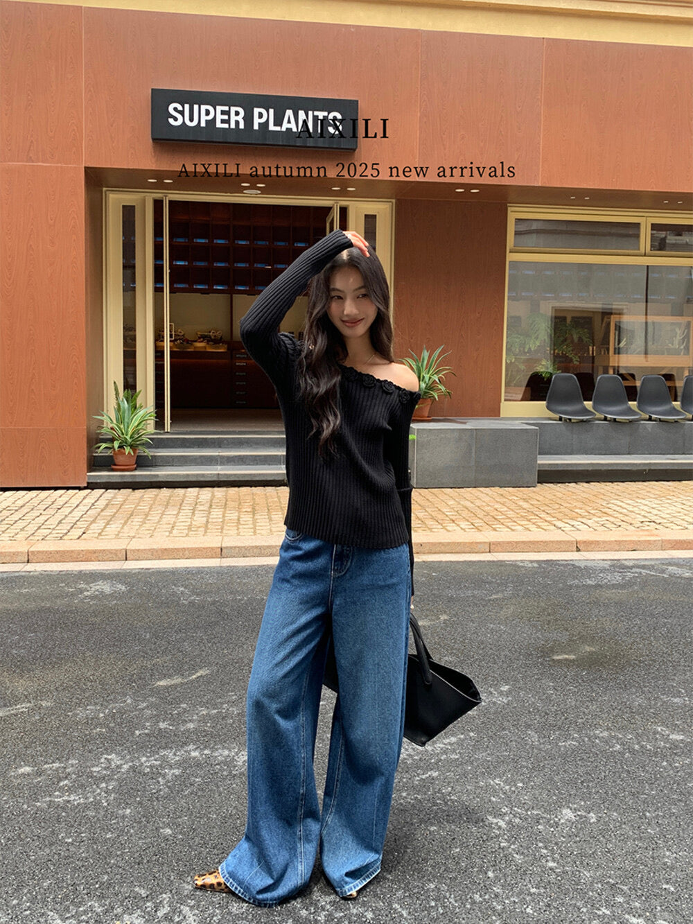AIXILI 3D Rose Off-Shoulder Knit Top with Wool Blend
