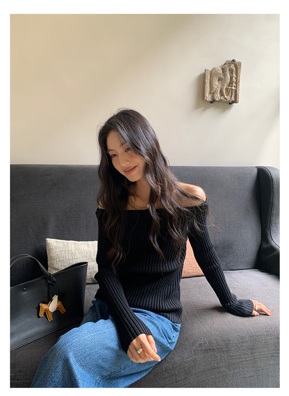 AIXILI 3D Rose Off-Shoulder Knit Top with Wool Blend
