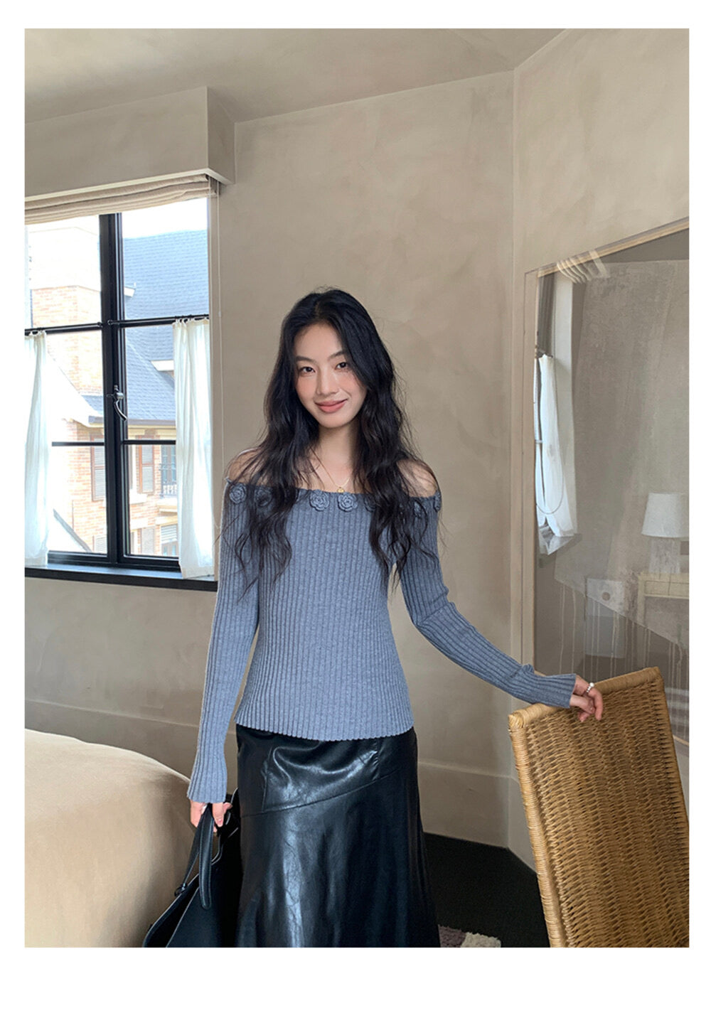 AIXILI 3D Rose Off-Shoulder Knit Top with Wool Blend