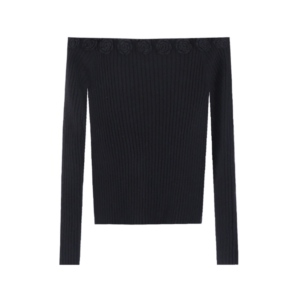 AIXILI 3D Rose Off-Shoulder Knit Top with Wool Blend
