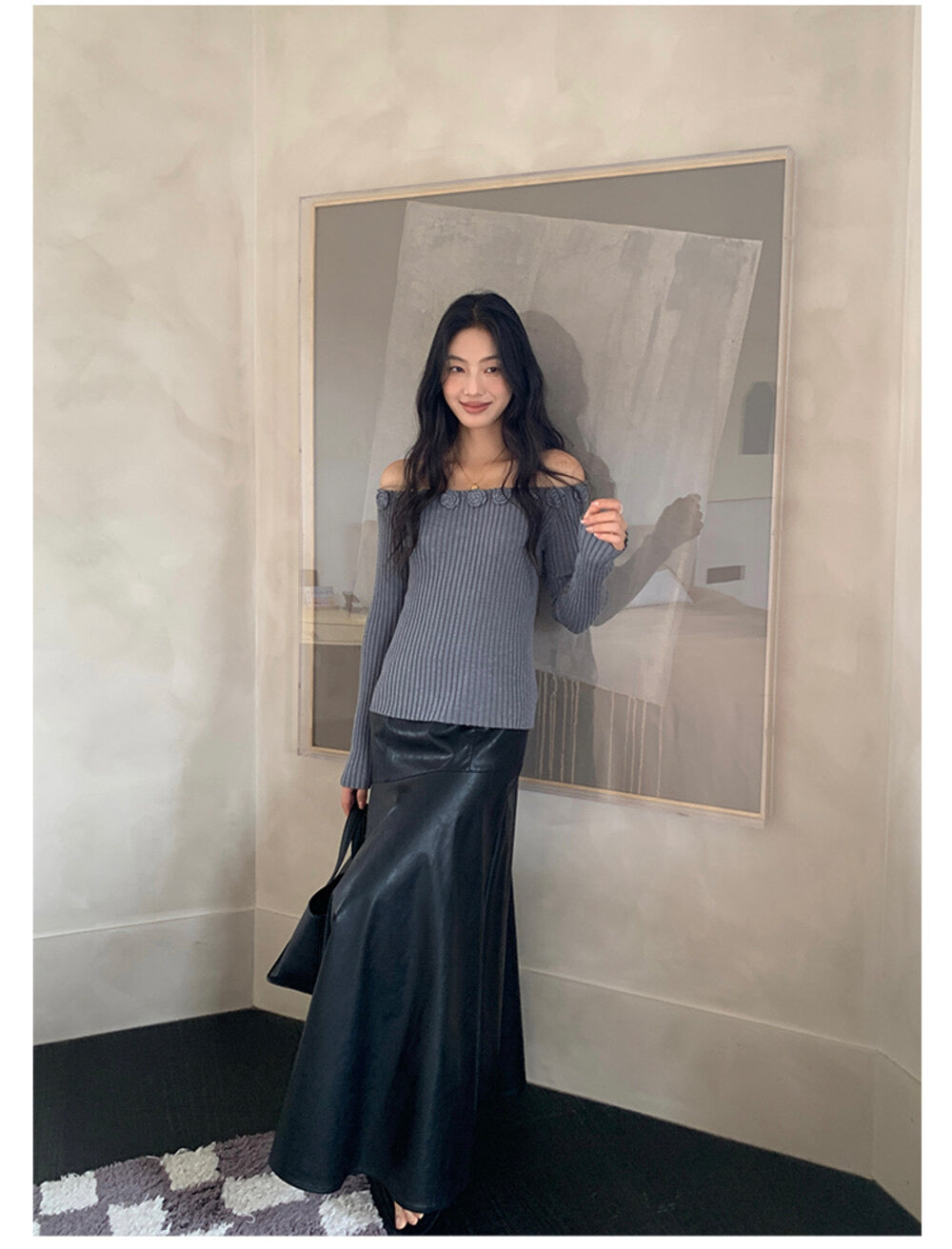 AIXILI 3D Rose Off-Shoulder Knit Top with Wool Blend