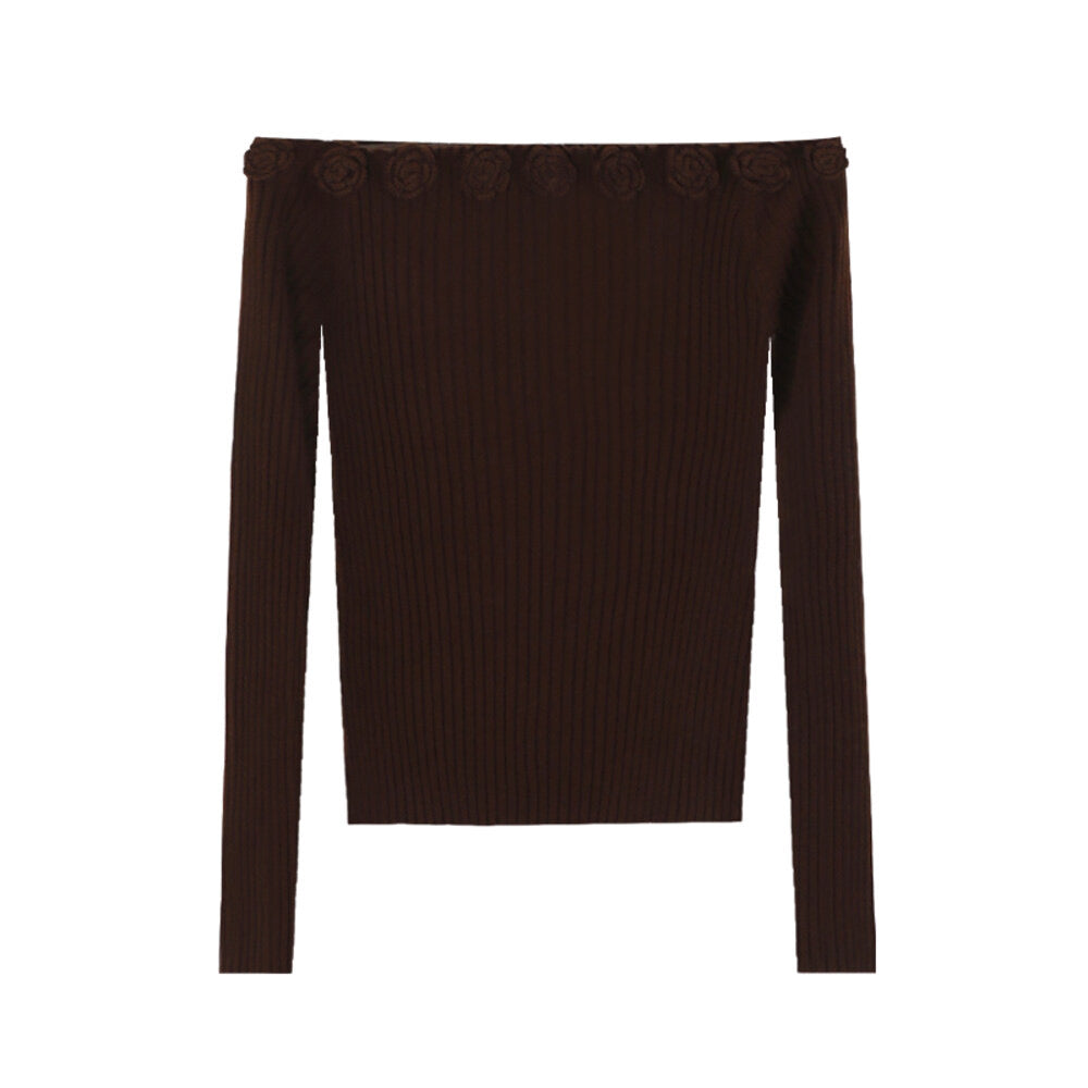 AIXILI 3D Rose Off-Shoulder Knit Top with Wool Blend