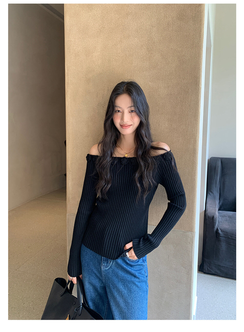 AIXILI 3D Rose Off-Shoulder Knit Top with Wool Blend