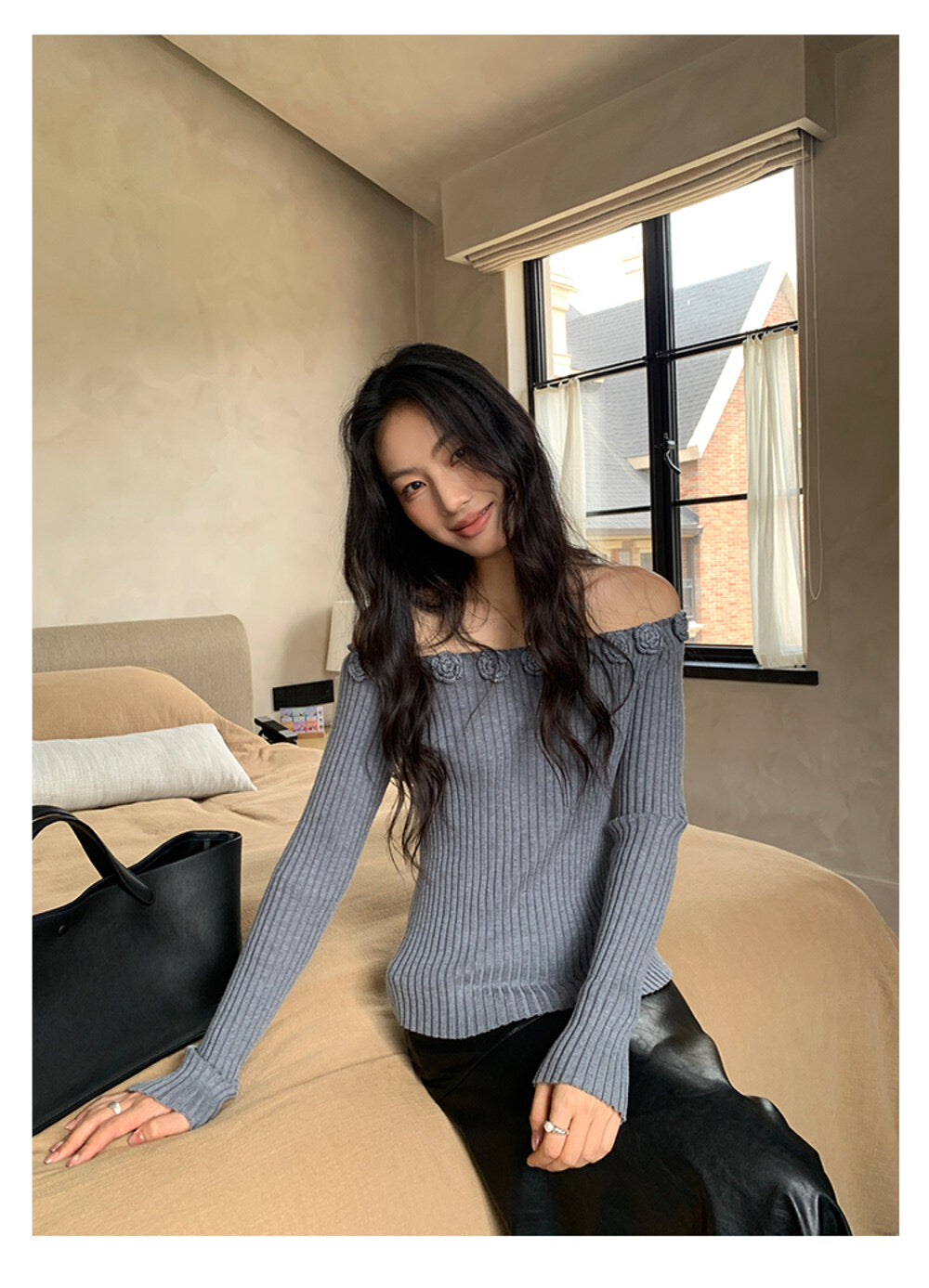 AIXILI 3D Rose Off-Shoulder Knit Top with Wool Blend