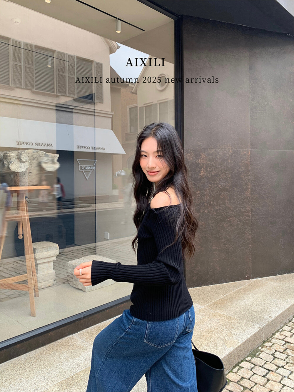 AIXILI 3D Rose Off-Shoulder Knit Top with Wool Blend