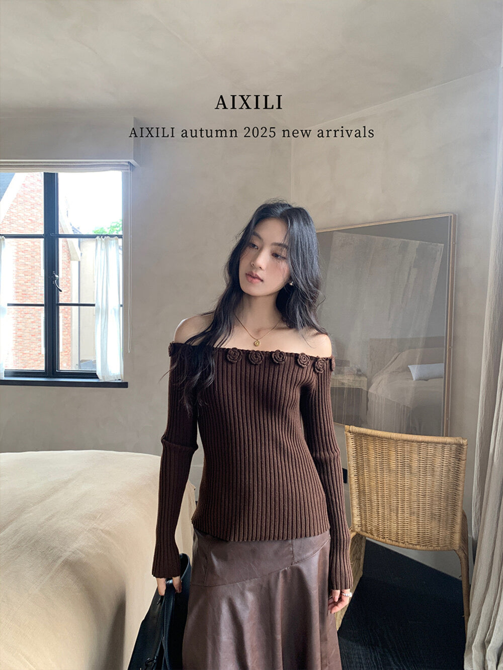 AIXILI 3D Rose Off-Shoulder Knit Top with Wool Blend