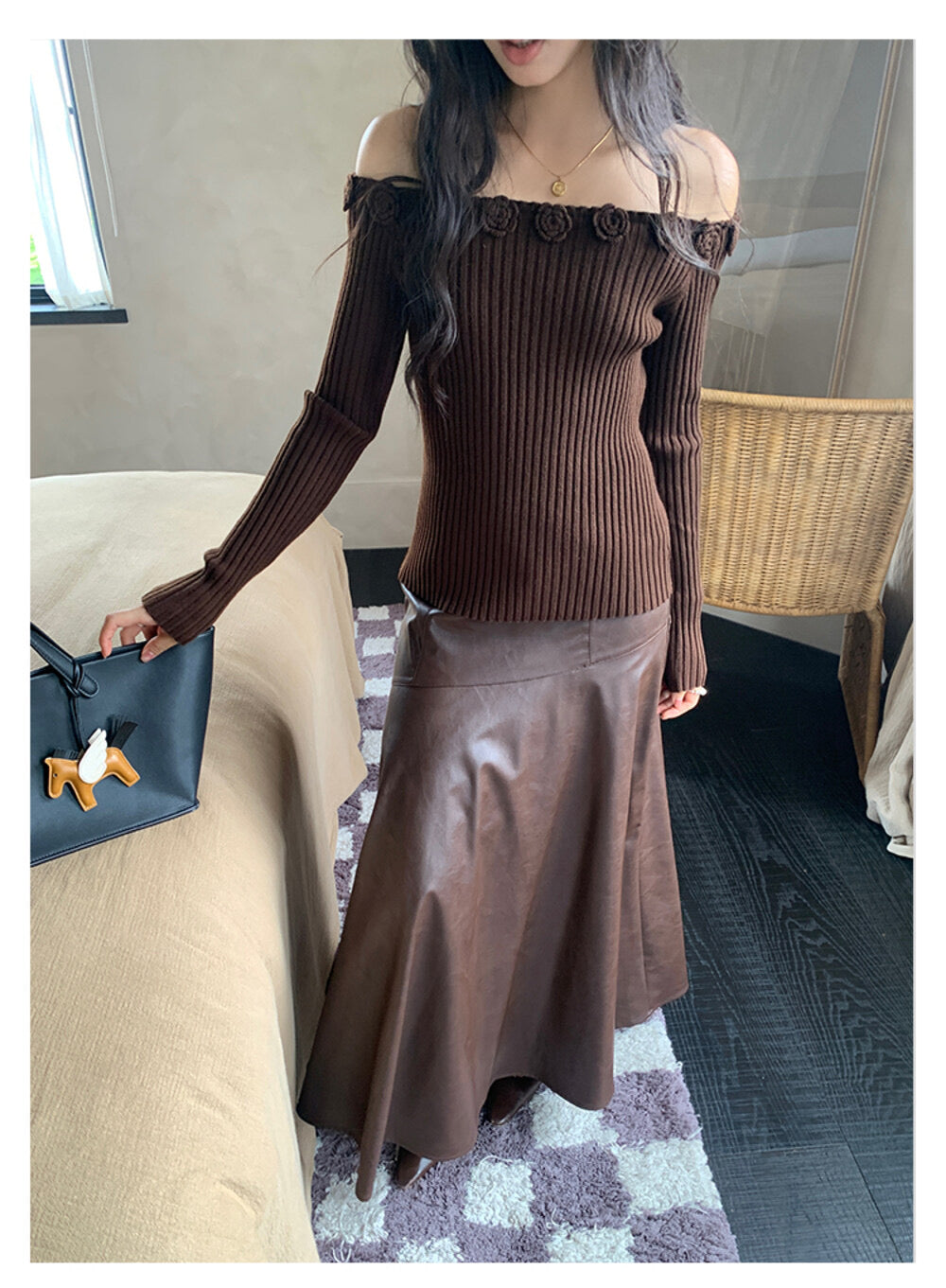 AIXILI 3D Rose Off-Shoulder Knit Top with Wool Blend