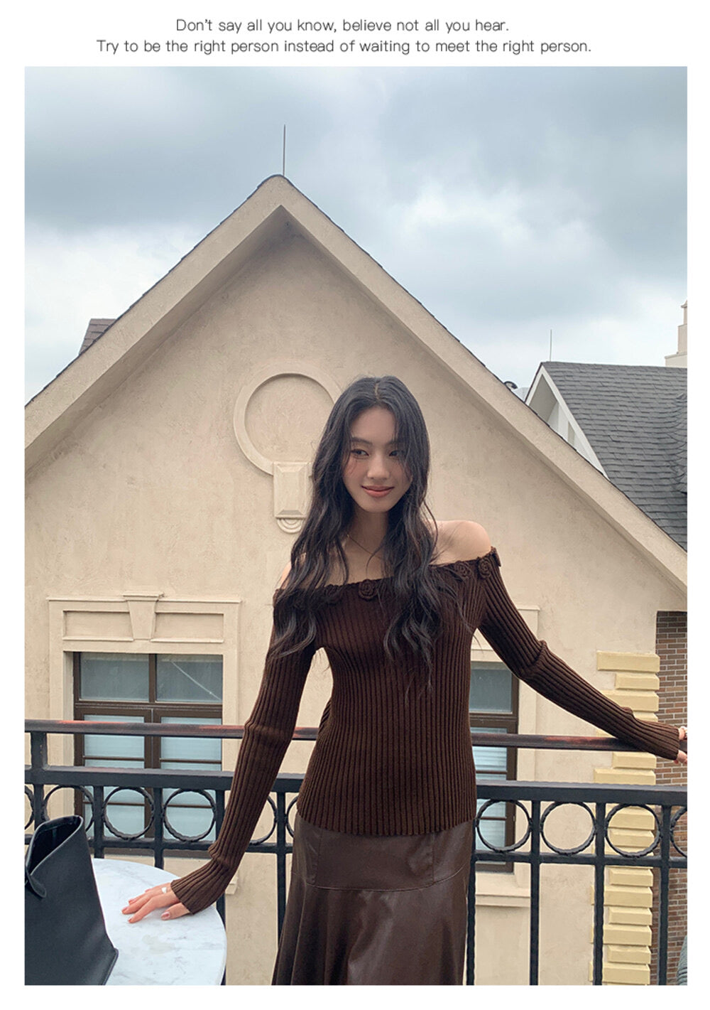 AIXILI 3D Rose Off-Shoulder Knit Top with Wool Blend