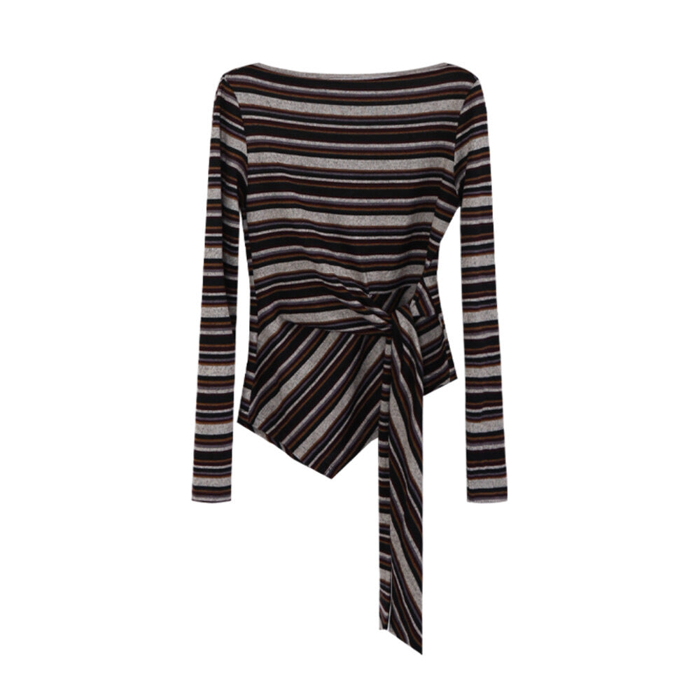 AIXILI Retro Stripe Drape-Hem Tie-Waist Knit Top