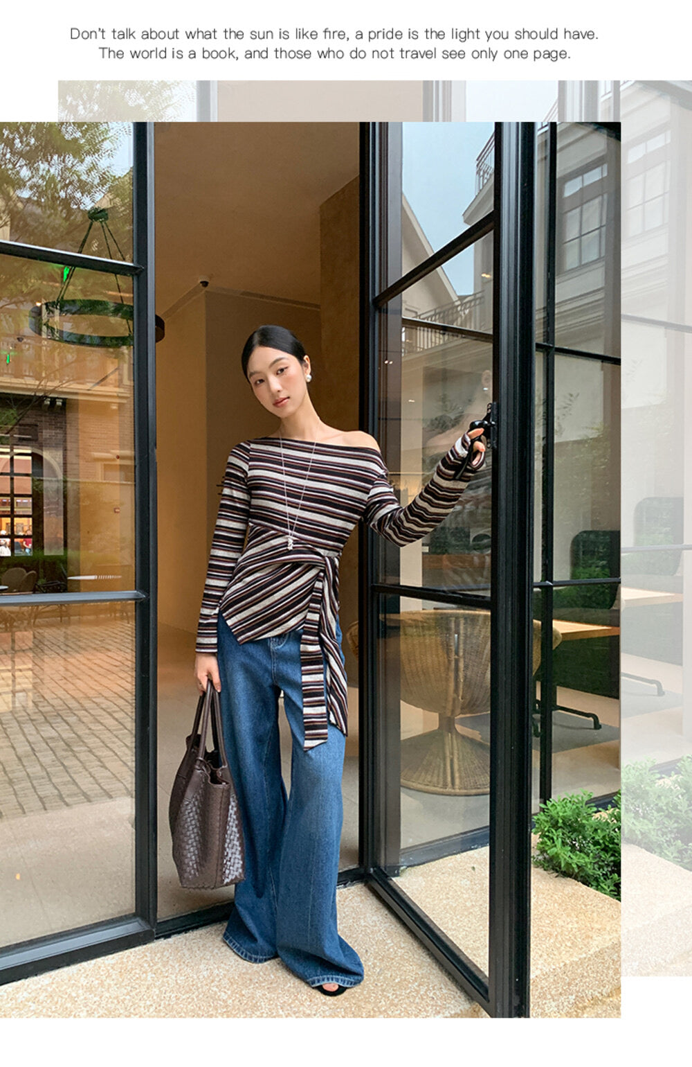 AIXILI Retro Stripe Drape-Hem Tie-Waist Knit Top
