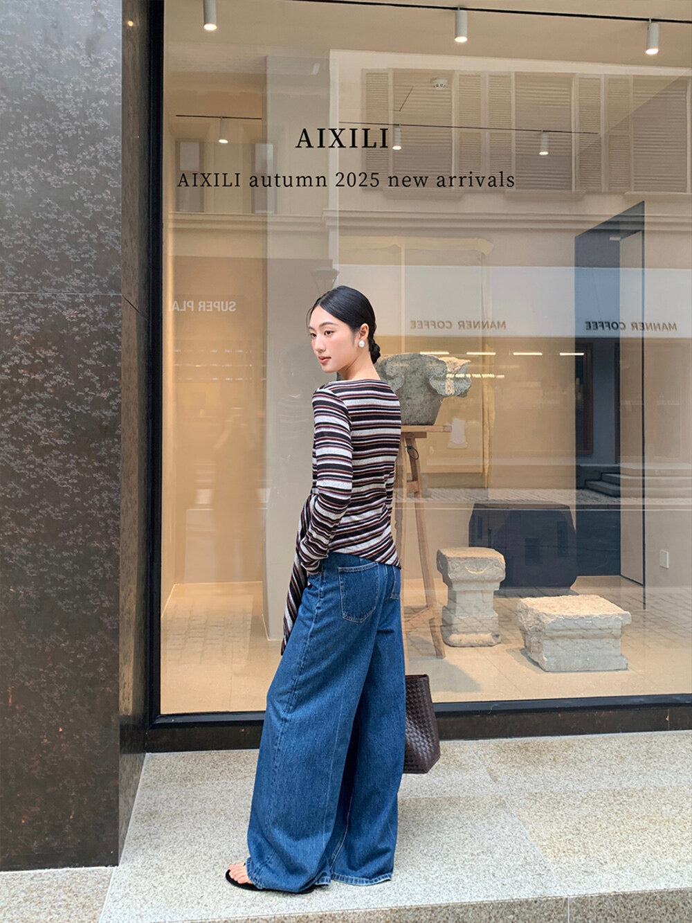 AIXILI Retro Stripe Drape-Hem Tie-Waist Knit Top