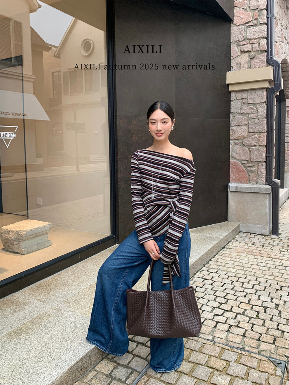 AIXILI Retro Stripe Drape-Hem Tie-Waist Knit Top