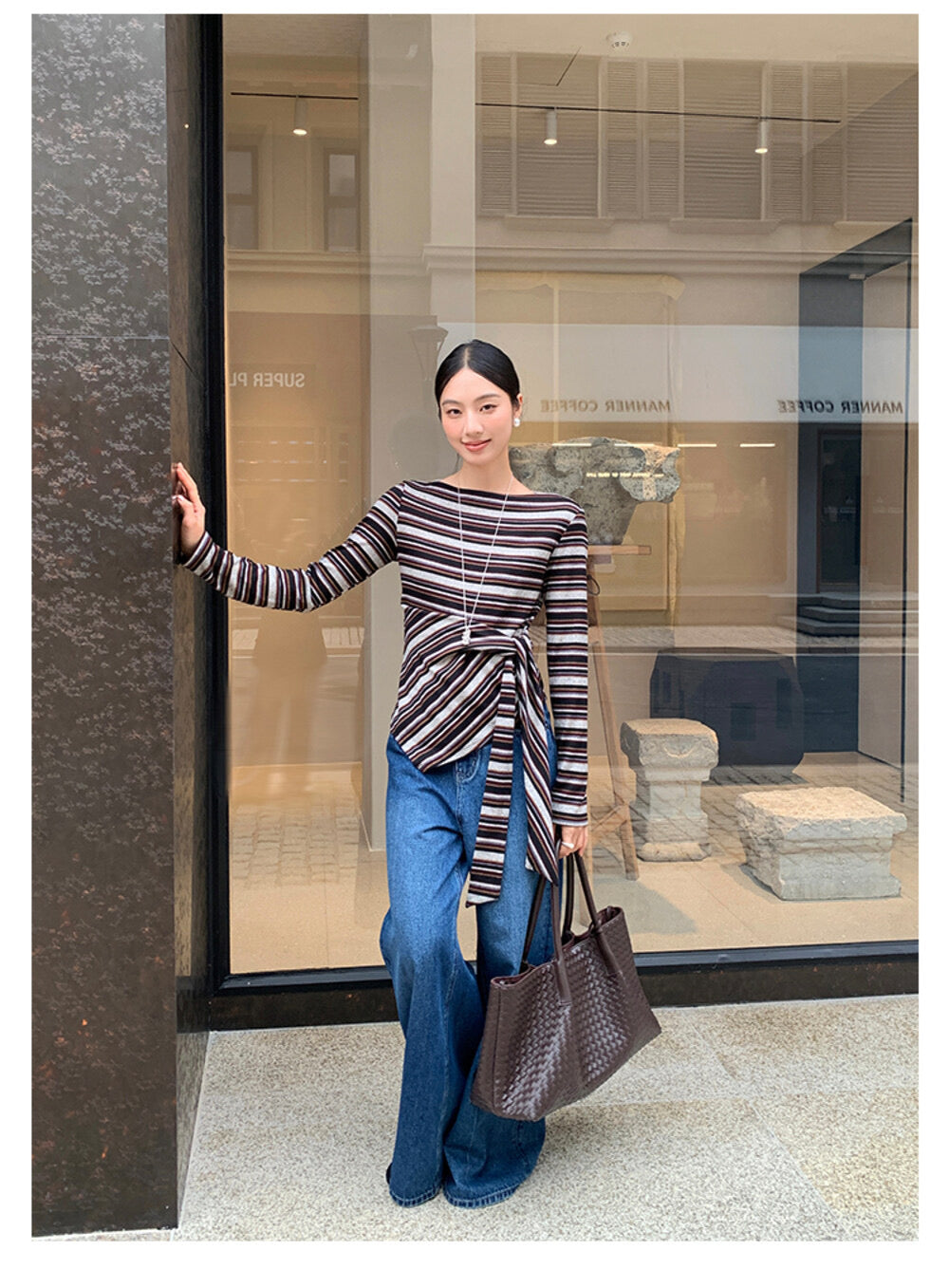 AIXILI Retro Stripe Drape-Hem Tie-Waist Knit Top