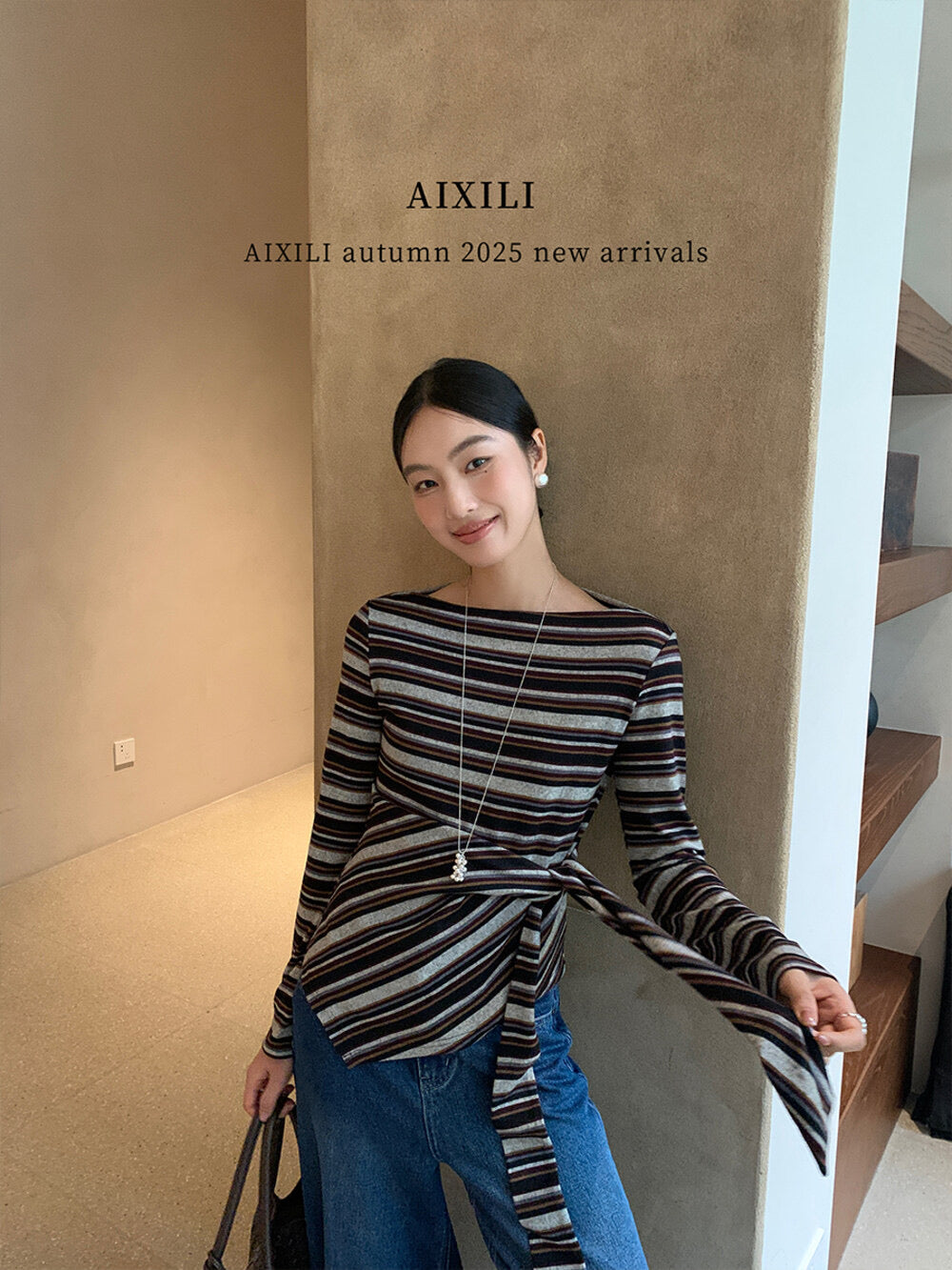 AIXILI Retro Stripe Drape-Hem Tie-Waist Knit Top