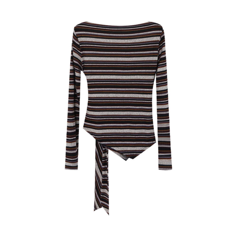 AIXILI Retro Stripe Drape-Hem Tie-Waist Knit Top